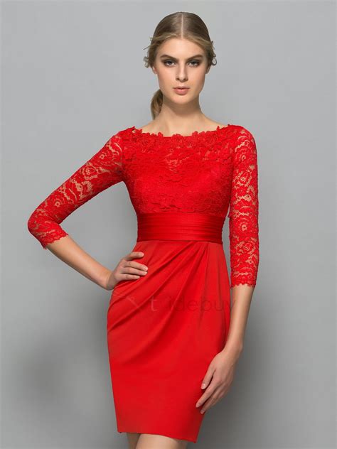 Offers High Quality Classy Bateau Neck 3 4 Length Sleeve Red Lace Cocktail Dress We