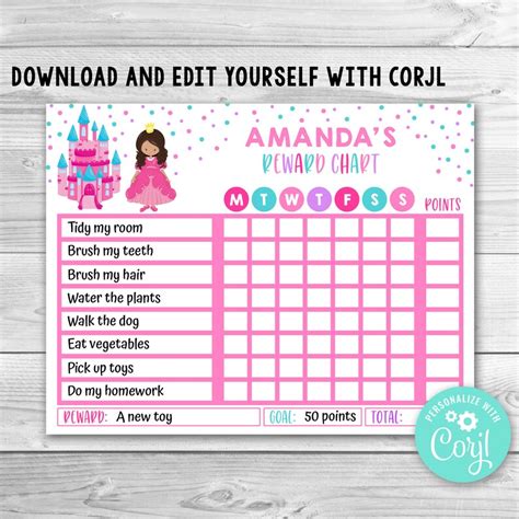 Editable Princess Reward Chart For Kids Princess Routine Etsy