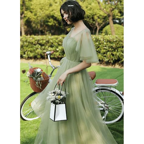 Gorgeous Sage Green Soft Tulle Long Bridesmaid Dress With Sheer Sleeves