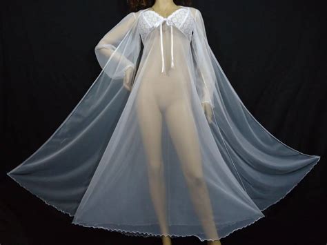 Bridal White Vtg Sheer Long Chiffon Nightgown Robe Peignoir Set L Xl Tall Nos Ebay