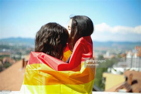 Lgbt Lesbian Couple Moments Happiness Concept Holding Rainbow Flag
