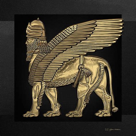 Lamassu Digital Art Assyrian Winged Lion Gold Lamassu Over Black