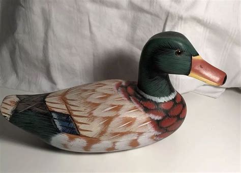 Vintage Mallard Duck Decoy Wooden Hand Painted Solid Realistic Carved Figurine Ebay Duck