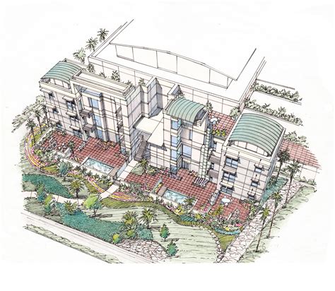 A Pen And Pencil Concept Sketch Of A Condominium And Courtyard Design