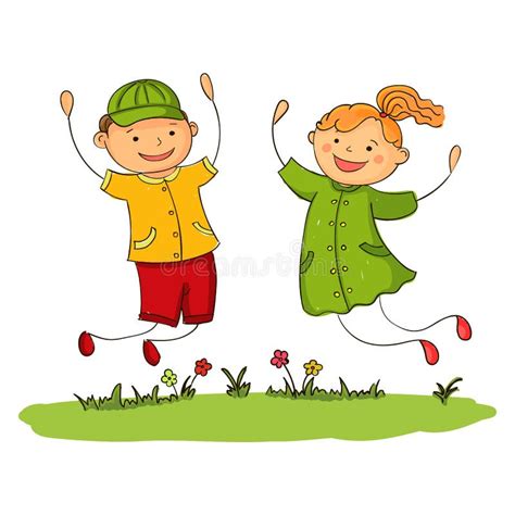 Happy Jumping Girl And Boy Vector Illustration Of Joy Kids Stock