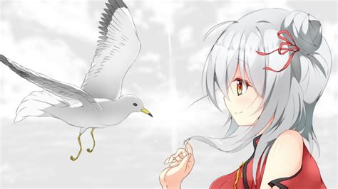 Wallpaper Anime Girl Profile View White Hair Bird