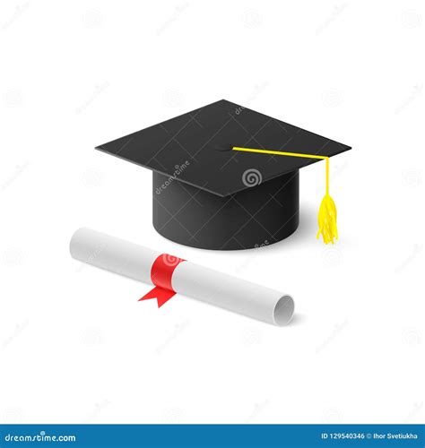 Realistic Graduation Hat And Rolled Diploma With Red Ribbon Vector