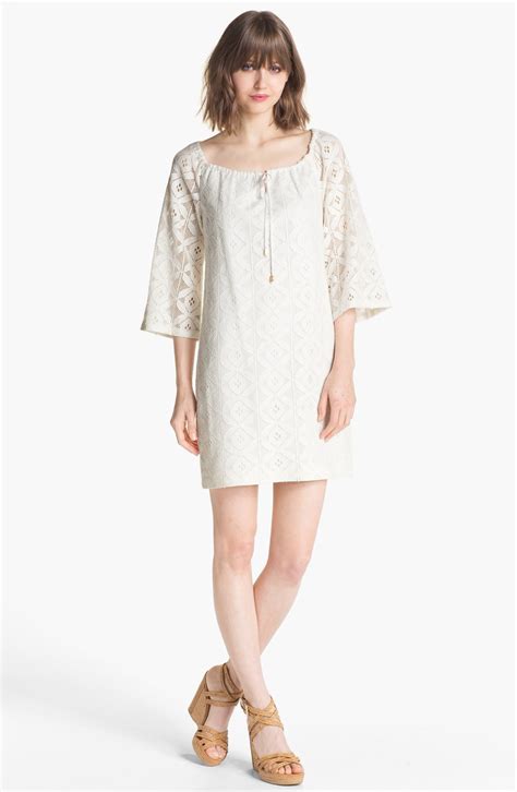 Trina Turk Amplify Bell Sleeve Lace Shift Dress In White White Wash