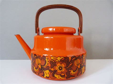 Vintage Orange Enamel Kettle Teapot Etsy Tea Pots Vintage Tea