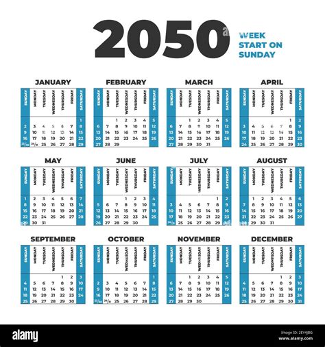 2050 Calendar Template With Weeks Start On Sunday Stock Vector Image