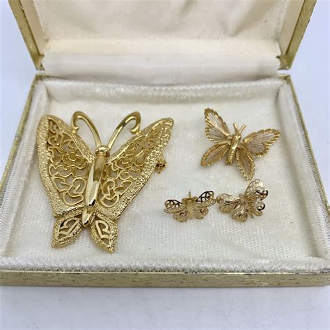 Gold Filigree Butterfly Brooch Earrings Pin Brooch And Etsy Gold
