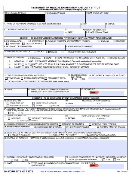Fillable Da Form 2173 Printable Forms Free Online
