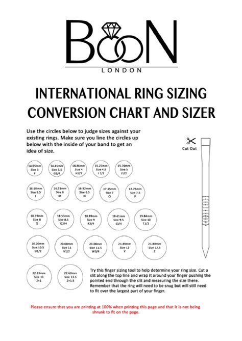 Boon London International Ring Sizing Conversion Chart And Sizer