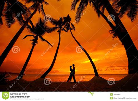 Couple Kissing At Tropical Beach With Palm Trees With Sunset In Stock
