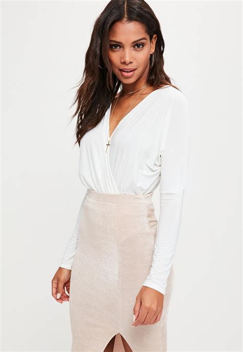Keep It Classy In This White Bodysuit With Jersey Wrapped Blouse Long
