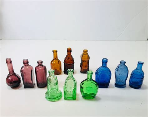 Collection Of Vintage Miniature Bottles Reproduction Of Wheaton Bottles 12 Bottles Green Blue