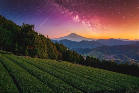 Premium Photo Landscape With Milky Way Galaxy Mt Fuji Over Green Tea