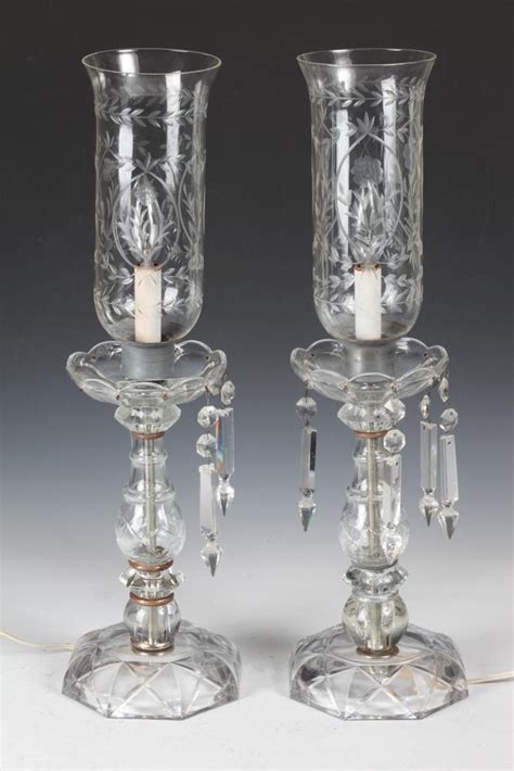 Sold At Auction Pair Of English Crystal Hurricane Lamps With Prisms And Etched Glass Shades