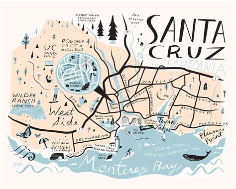 A Map Of Santa Cruz California With The Words Montes Bay Written In Black