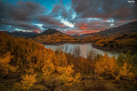 Trees Lake Autumn Forest Mountains Viewes Clouds