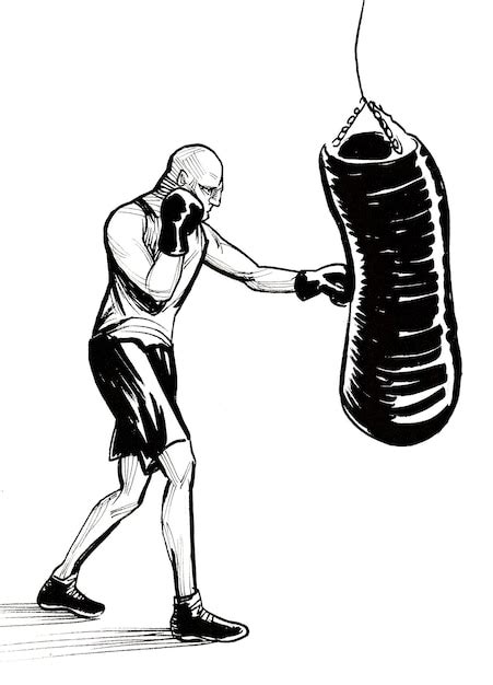 Premium Photo Boxer Punching Boxing Bag Ink Black And White Drawing