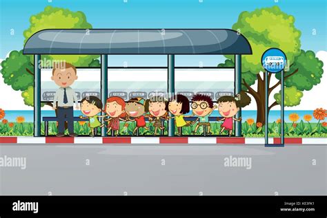 Teacher And Children Waiting For Bus Illustration Stock Vector Image