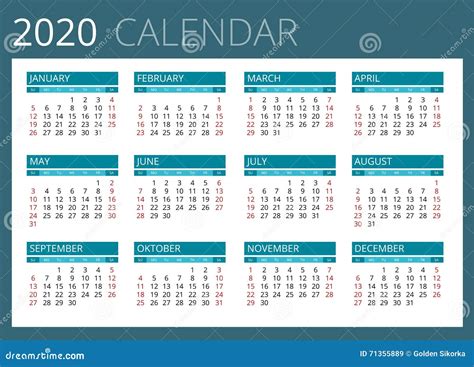 Calendar For 2020 Week Starts Sunday Simple Vector Design Stock