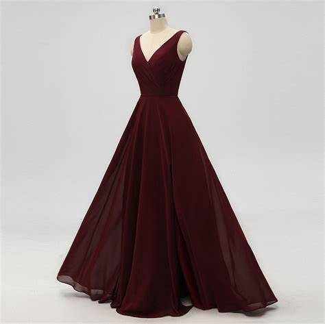 a line v neck burgundy chiffon bridesmaid dresses with pleats bd0557 red chiffon bridesmaid