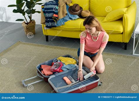 Beautiful Girl Packing Suitcase For Travel Stock Image Image Of Vacation Baggage 119833271