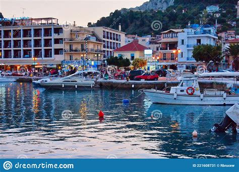 Small Boats In Zakynthos Harbour At Dusk Greece Editorial Photo