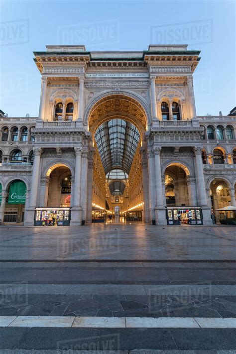 Front view of Galleria Vittorio Emanuele II, Milan, Lombardy, Italy, Europe - Stock Photo - Dissolve