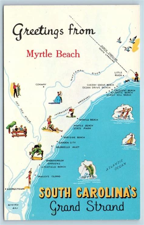Postcard Sc Myrtle Beach Grand Strand Map Named Towns Beaches Vintage