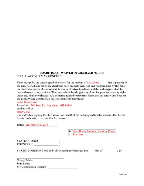 Franklin County Conditional Lien Waiver Form | Ohio | Deeds.com