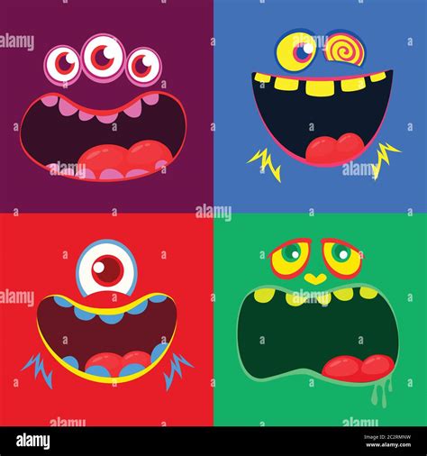 Caras De Monstruo De Dibujos Animados Vector Conjunto De Cuatro Caras