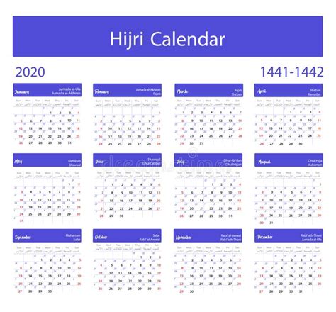 Islamic Calendar 2020 Hijri 1441 1442 Vector Celebration Template With