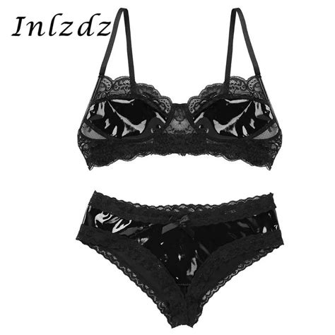 Womens Erotic Sex Lingerie Set Patent Leather Lace Wire Free Unlined Hot Sexy Bra With Open