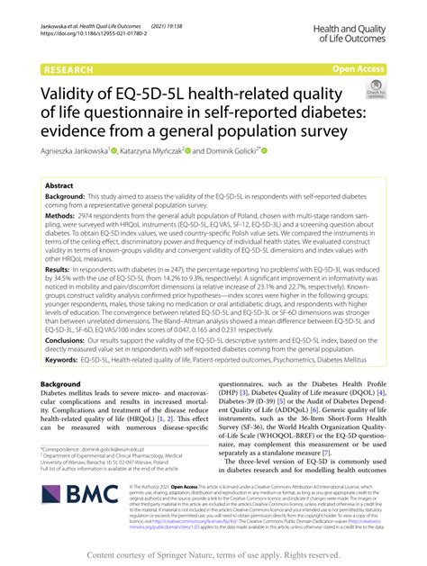 Pdf Validity Of Eq 5d 5l Health Related Quality Of Life Questionnaire