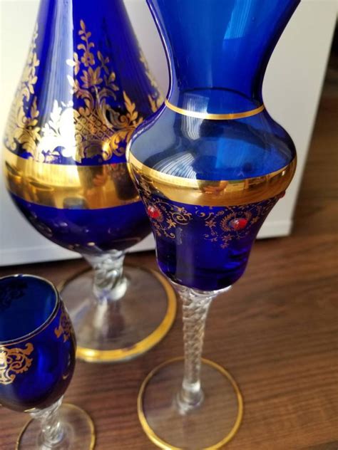Vintage Bohemian Czech Cobalt Blue And Gold Pitcher Decanter With 6 Wine Glasses Sherry Glass