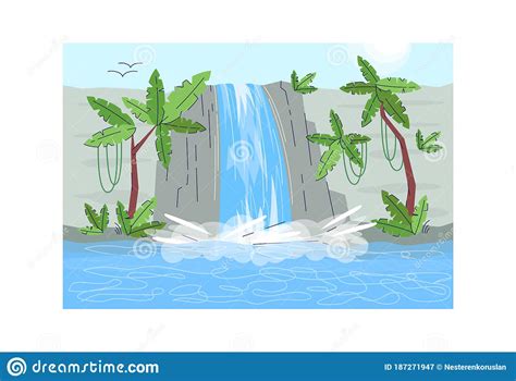 Jungle Waterfall Semi Flat Vector Illustration Stock Vector