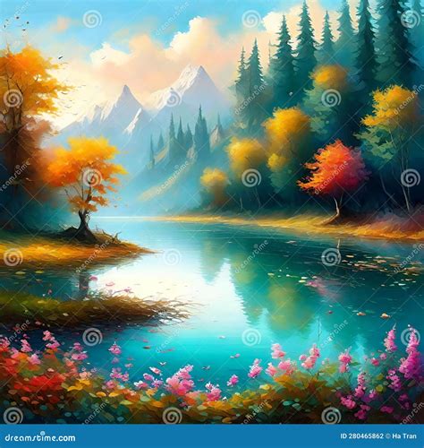 Autumn Landscape With Mountain Lake Forest And Colorful Trees Digital