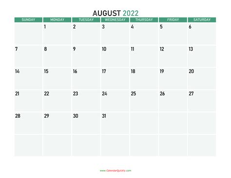 August 2022 Printable Calendar Calendar Quickly