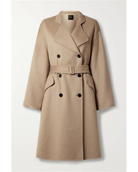 Theory Belted Double Breasted Wool And Cashmere Blend Coat In Natural Lyst