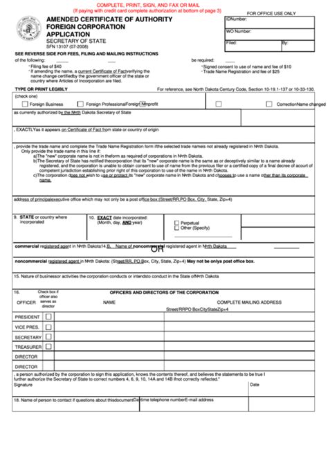 Fillable Form Sfn 13107 Amended Certificate Of Authority Foreign