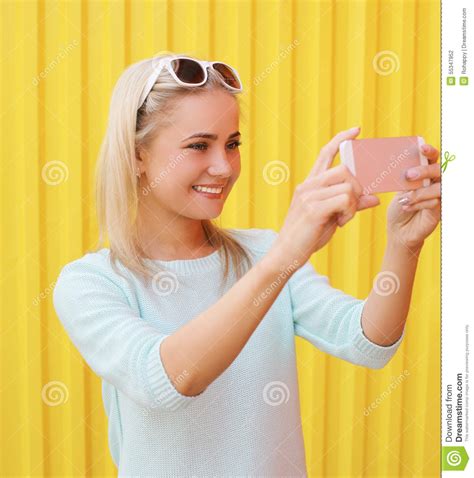 Happy Smiling Pretty Girl Makes Self Portrait Stock Photo Image Of