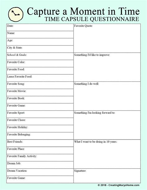 Time Capsule Questions Free Printable V Creatingmaryshome Time Worksheets