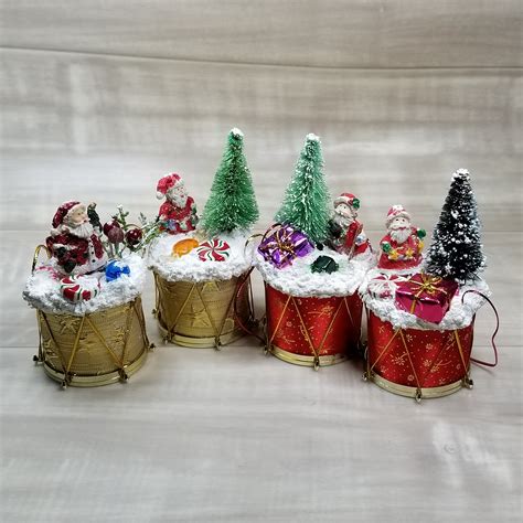Santa On Drum Christmas Ornaments Set Of 4 Christmas Tree Etsy