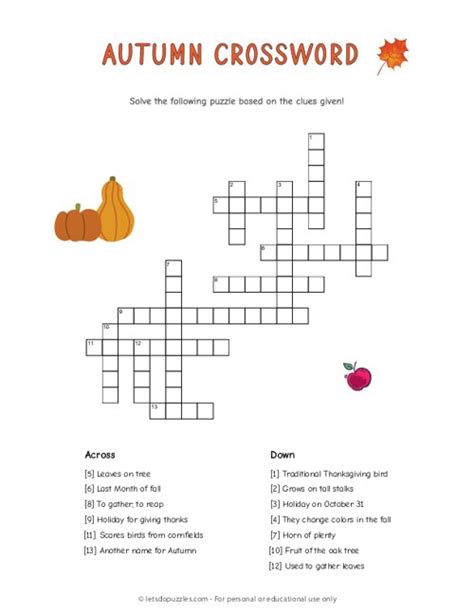 Autumn Crossword Puzzle For Kids