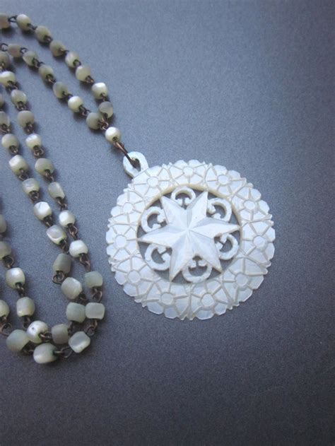 Vintage Mother Of Pearl Carved Necklace Shell Jewelry Mop