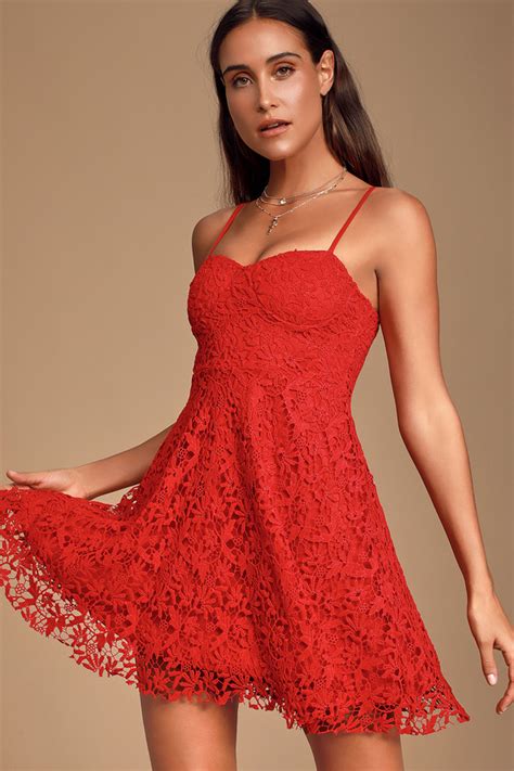 Sexy Red Lace Dress Red Skater Dress Lace Bustier Dress Lulus