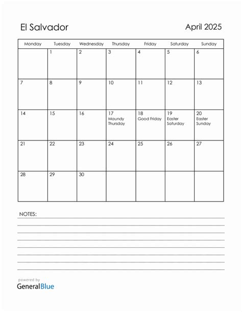 April 2025 El Salvador Calendar With Holidays